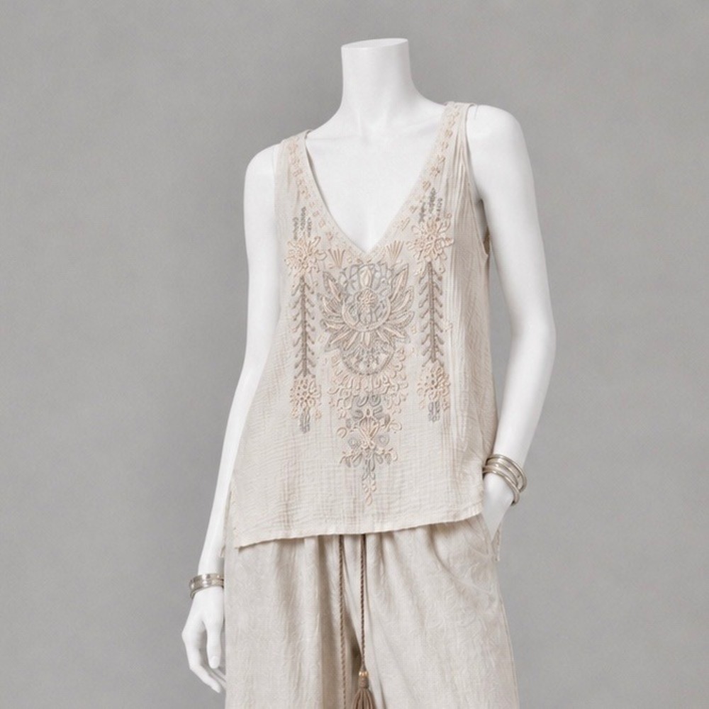 Johnny Was Floral Embroidered Top S Cream Gauze Cotton Silk Boho Resort Tank